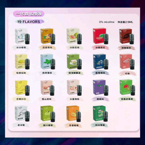DIYA 一代煙彈 19 種口味總覽圖，水果與清爽風味系列